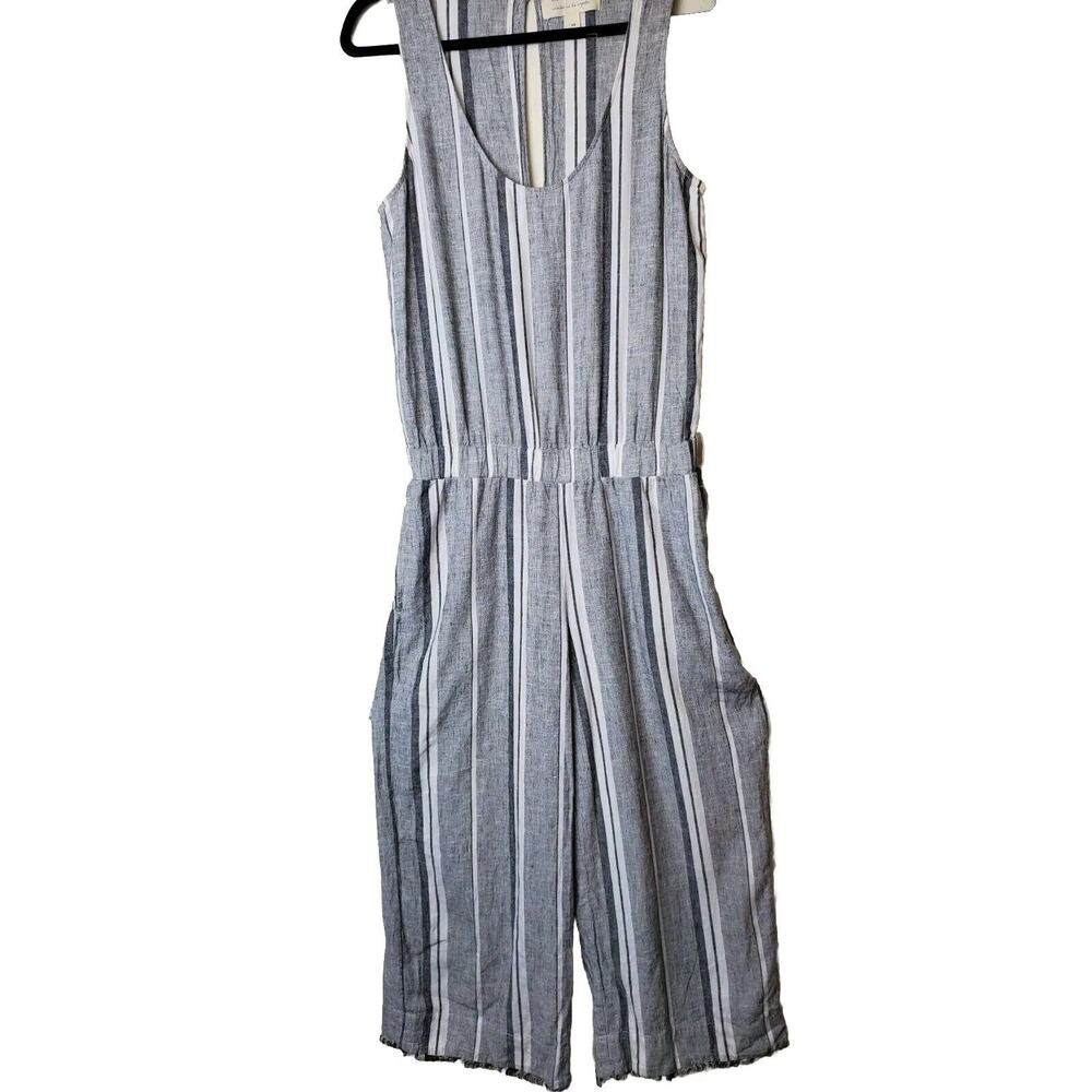 Cloth & Stone Medium Striped Jumpsuit Wide-Leg Crop Linen Pockets White Gray